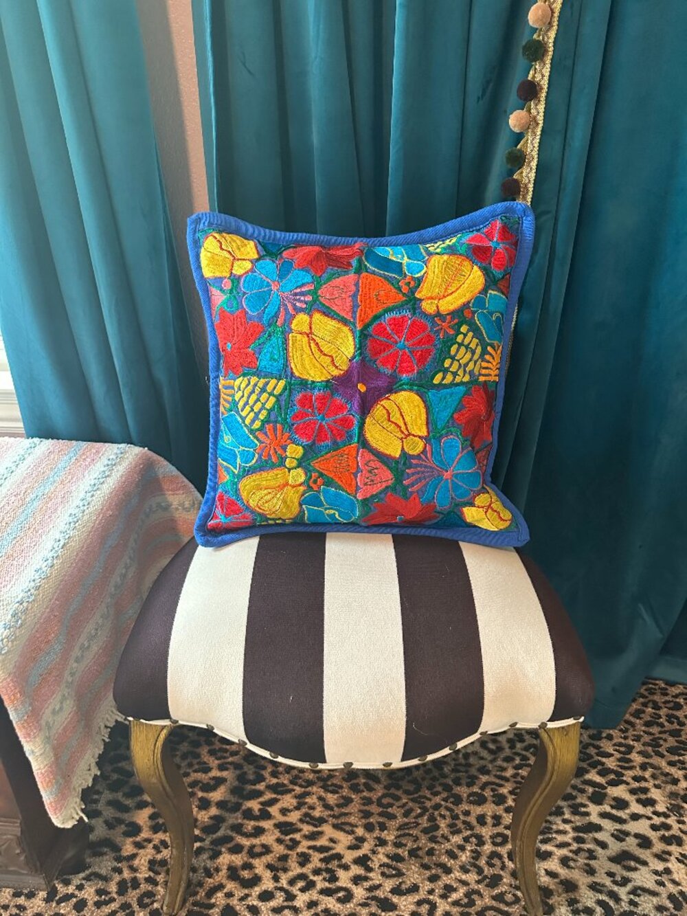 Mexican Embroidered Floral Colorful Zippered 18" Pillow Cover